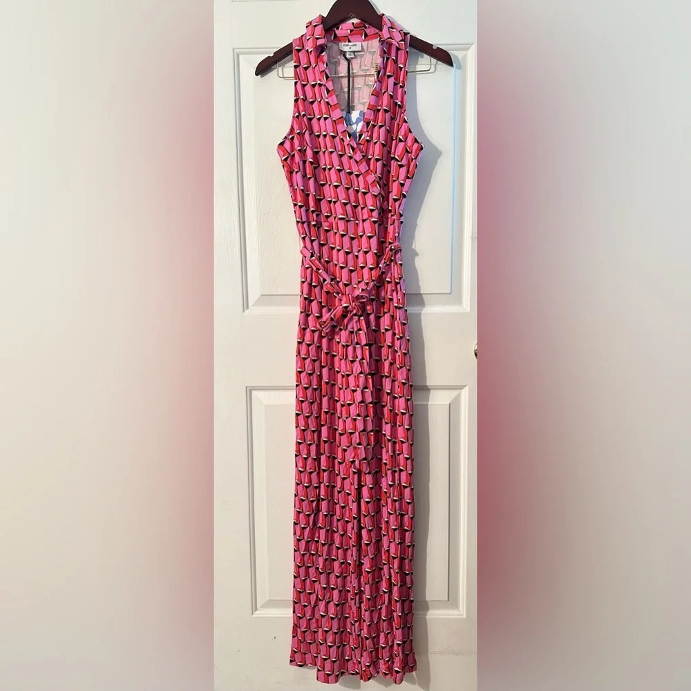 DIANE VON FURSTENBERG NWT Preppy Target Sleeveless Pink Modern Geo Jumpsuit S - Picture 4 of 14